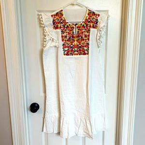 White linen embroidered dress with pom Pom sleeves size extra large